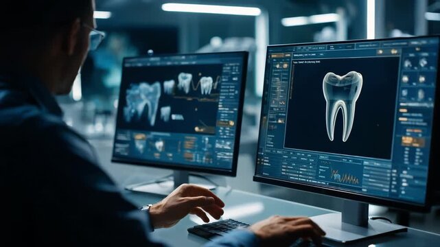 Technician designing a single dental crown using CAD software on dual monitors focused on detailed tooth anatomy with blurred background in a modern lab environment.
