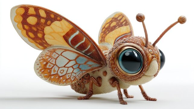 Colorful insect, fantasy creature, large eyes, decorative wings isolated on White Background