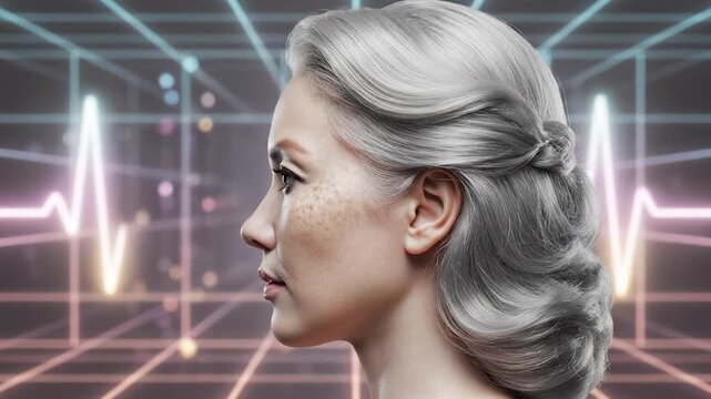 Side profiles of diverse women from different ethnicities and ages. Set against a futuristic digital grid with a glowing heartbeat line. Ideal for empowerment and medical technology content.