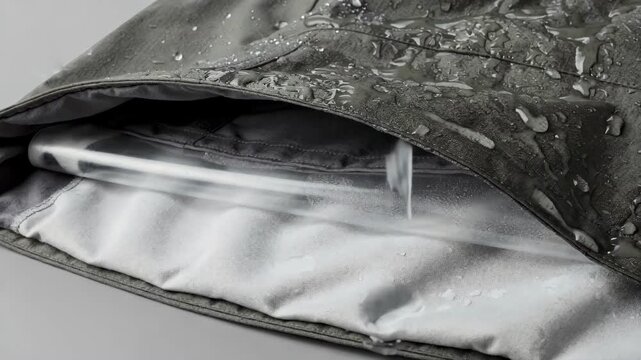 Closeup medium shot of a 3layer waterproof breathable jacket highlighting durable membrane sandwiched between outer fabric and inner lining designed for enhanced protection and