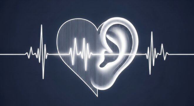 Minimalist Line Art of Ear inside Heart with Glowing ECG Pulse Wave on Dark Background
