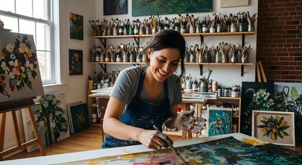Fototapeta premium A woman in an art studio creating a beautiful painting with vibrant colors and various brushes.