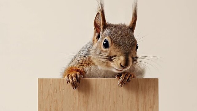  Curious squirrel peeking over a wooden edge on neutral background - hd and 4k