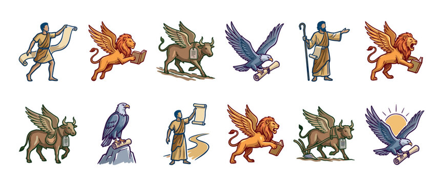 Collection of twelve religious illustrations depicting the four evangelists as a winged lion, ox, eagle, and man in a simple, colorful cartoon style for spiritual concepts
