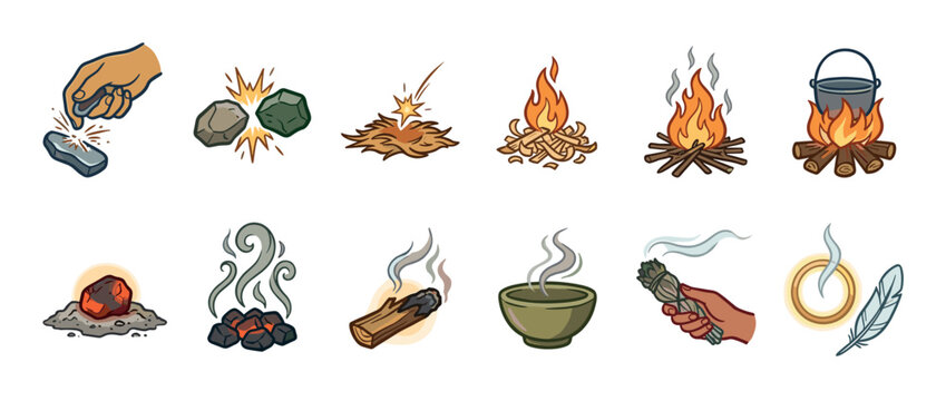 Set of illustrated icons showing fire-making steps from flint and steel to a campfire, including cooking over flames, embers, and spiritual smudging rituals