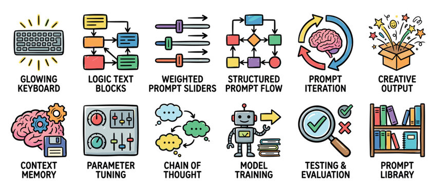Collection of colorful hand-drawn icons illustrating concepts of AI prompt engineering, including model training, parameter tuning, and creative output in a doodle infographic style