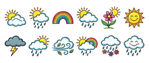 Colorful set of cute weather icons in a hand-drawn doodle style showing sun, clouds, rain, rainbow, wind, and a thunderstorm for a cheerful forecast