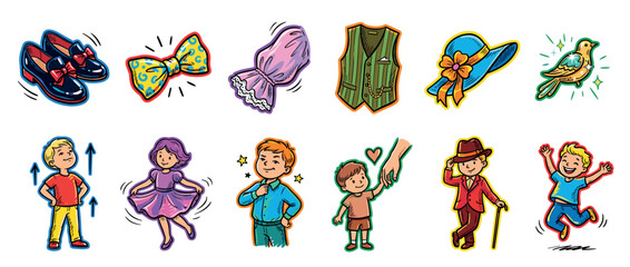 Obraz premium Colorful collection of hand-drawn illustrations featuring children, clothing, and accessories in a vibrant cartoon style, depicting various emotions and activities like dancing and jumping
