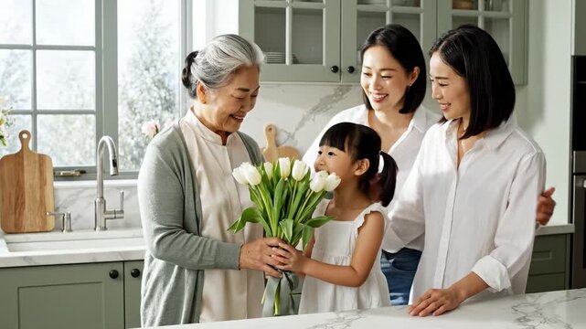 A young girl gives white tulips to her grandmother while her mother watches. This scene captures a multi-generational celebration of love and respect. Ideal for family and holiday content.