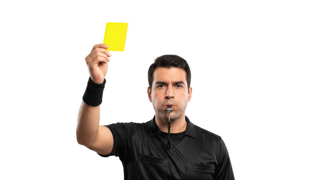 Soccer referee showing yellow card and blowing whistle isolated on transparent background