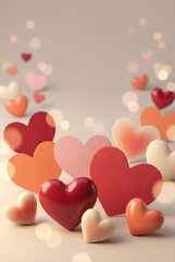 Colorful heart-shaped arranged on a soft background, vertical background for Valentine's Day
