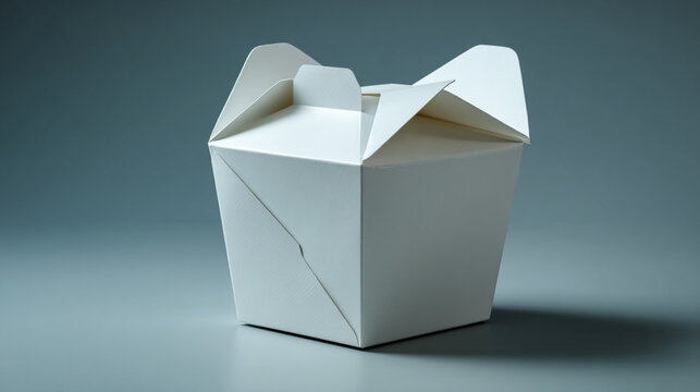 White paper noodle box with open tabs for food delivery mockup on grey background.