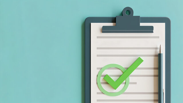 A minimalist, digitally-rendered image features a dark slate-gray clipboard holding a white sheet of paper with faint horizontal lines, suggestive of a checklist or document.