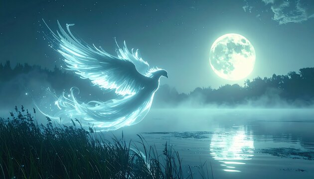 Ethereal Firefly Sylph Takes Flight Over a Misty Moonlit Lake, a Vision of Magical Serenity