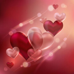 Colorful hearts on a red background with soft bokeh lighting, square background for Valentine's Day
 