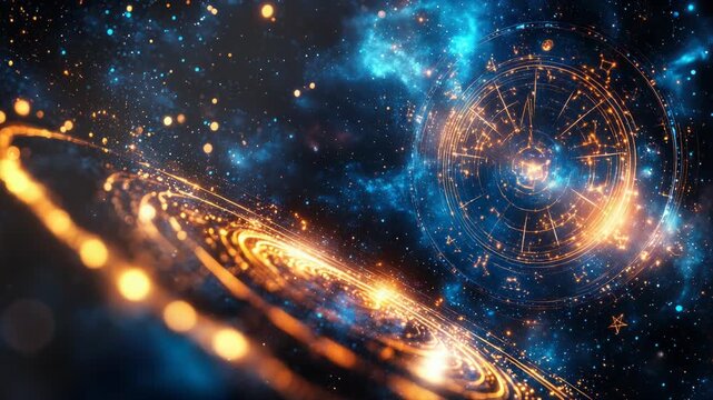 Luminous zodiac wheel and golden galaxy rotating in a starry cosmic space, with horoscope signs, astrology, and mystical star constellations for astrological forecasting