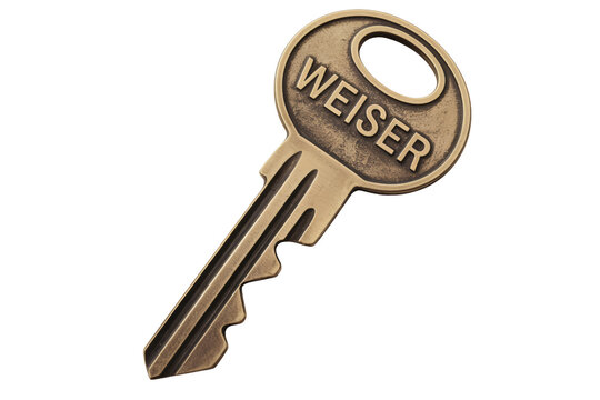 Brass Key with Weiser Label in Classic Style with Golden Lighting on Isolated White Background for Locksmith Advertising