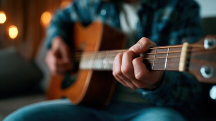 A close-up captures the skilled hands of a guitarist strumming an acoustic guitar, evoking feelings of passion, musical expression, and creativity in a cozy setting.