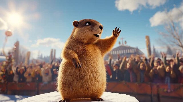groundhog day -  Cute bear waving on snowy platform in front of crowd - hd and 4k