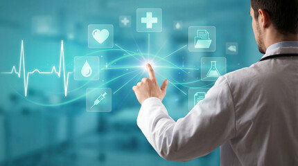 Medicine doctor with stethoscope touching virtual hologram screen interface