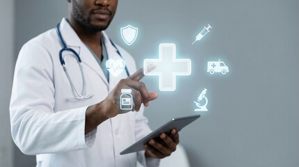 Medicine doctor with stethoscope touching virtual hologram screen interface