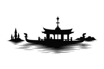 Traditional Asian boat with pagoda architecture on water © Sadek