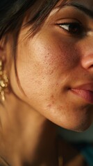 Naklejka premium Close-up portrait of a woman’s face. Focus on skin texture with visible pores and blemishes. Subtle lighting highlights natural features. Hair partially visible, gold earring in view