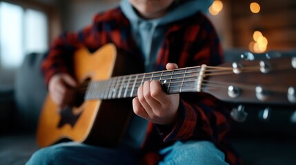 Obraz premium A young guitarist passionately strumming an acoustic guitar in a cozy setting, capturing the essence of creativity, self-expression, and the joy of making music.