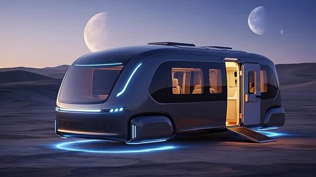 Futuristic self-driving electric minivan parked on an arid alien desert landscape under a night sky with two crescent moons, representing innovative travel and space exploration.