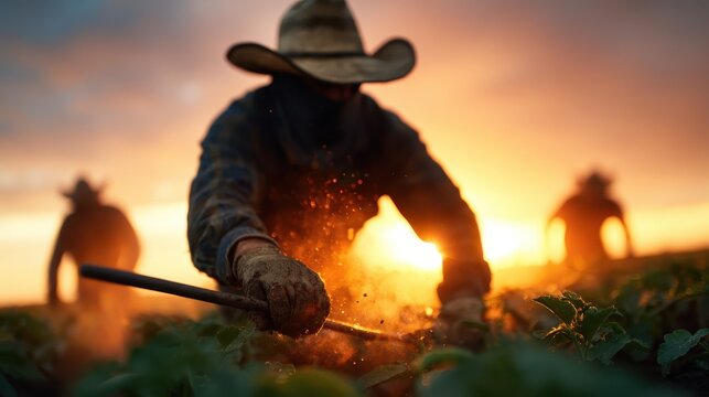 Silhouetted figures of farmers laboring in the fields during a spectacular sunset, reflecting the dedication and hard work of agricultural life.