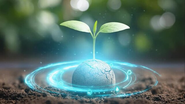 Green plant sprouting from soil ball with glowing energy symbols surrounding it in a lush garden environment