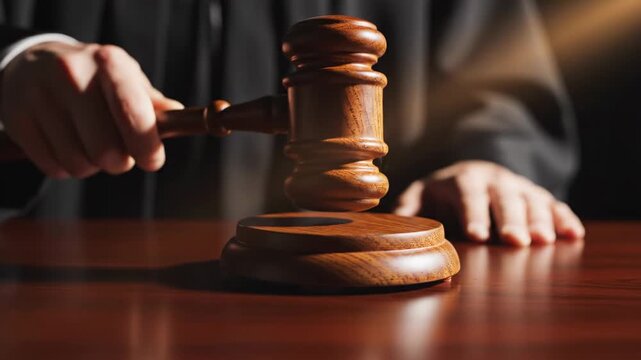A close-up shot of a judge's hand forcefully bringing a wooden gavel down onto its sound block on a polished table. The scene conveys a strong sense of judicial authority and finality in a dimly lit
