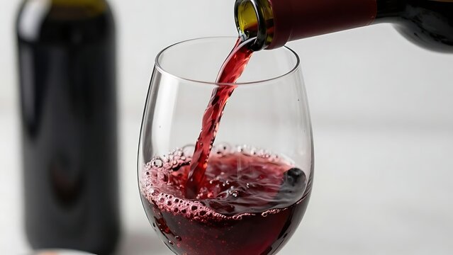 Rich red wine being poured into a clear glass, capturing dynamic splash and bubbles against a clean white background