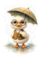 Obraz premium Cute Duckling in Rain with Umbrella, Wearing Glasses and Vest