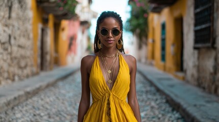 Obraz premium A fashionable woman stands confidently in a vibrant urban alley, showcasing her summer style in a sunny atmosphere while capturing the essence of modern fashion and confidence.