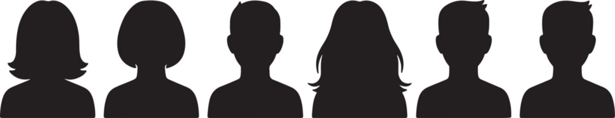 Six black silhouettes of people with different hairstyles also transparent background white background