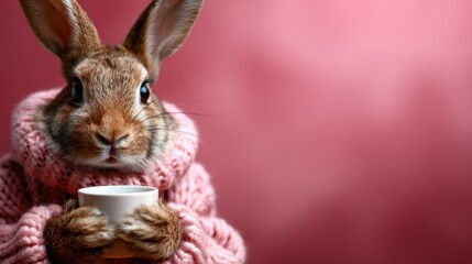 Obraz premium A cute rabbit wearing a warm pink sweater holds a small cup, evoking feelings of comfort, cuteness, and coziness, making it a perfect representation of warmth and adorable charm.