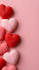 Fototapeta premium Close-up, flat lay Valentine's Day themed background with felt heart-shaped candies in soft pink texture