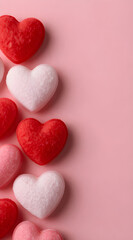 Fototapeta premium A minimalist Valentine's Day background featuring scattered red and white heart-shaped felt candies on a soft pastel pink surface.