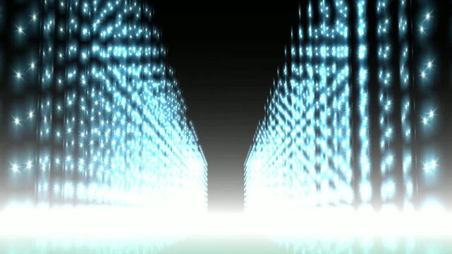 Futuristic digital city with blue glowing light towers and shimmering particles moving in dark tunnel