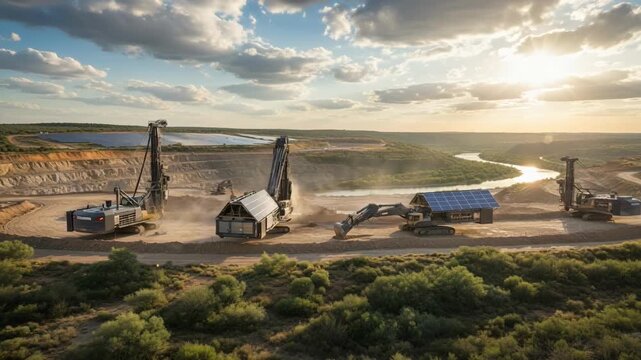 Solarpowered mining tools in action framed amidst a mix of sun and clouds emphasizing the harmony between technology and environment.