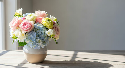 Beautiful bouquet of pink, white, and blue flowers in a vase with natural light casting shadows © Gita