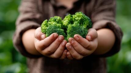 A cute child holding freshly picked broccoli while standing in a lush garden, emphasizing the beauty of healthy eating and home-grown vegetables.