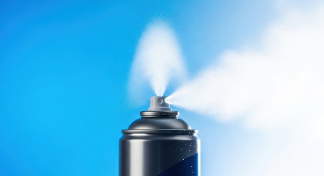 A metallic cylindrical aerosol can spraying a fine white mist or vapor upward into the air, highlighting the pressurized dispensing mechanism and spray pattern, chemical, liquid, diffusion