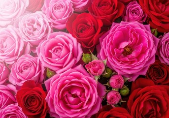 Fototapeta premium A stunning composition of vibrant pink and red roses creating a dense, natural floral texture. Ideal for greeting cards or decorative surface design, romantic, flower, floral