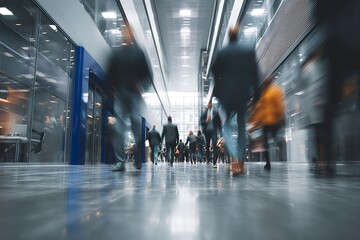 Blurred motion of business professionals walking quickly through a modern corporate office hallway during work hours