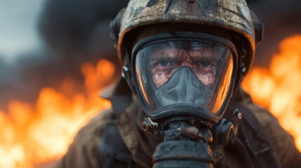 Fototapeta premium The courageous firefighter is in full gear, facing raging flames, symbolizing bravery, dedication, and resilience in an intense and hazardous situation.
