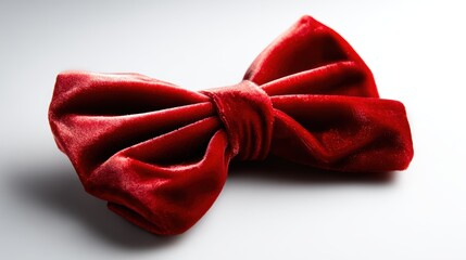 An elegant red velvet bow placed on a clean white surface, symbolizing luxury and celebration, perfect for gift wrapping and festive occasions.