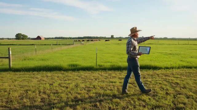 Medium shot showing landowner inspecting different paddock areas to plan grazing patterns for optimal pasture recovery.