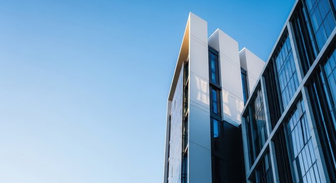 Modern architecture view capturing the sharp lines of a high-rise structure reaching toward a boundless blue expanse, emphasizing verticality, level, construction, glass